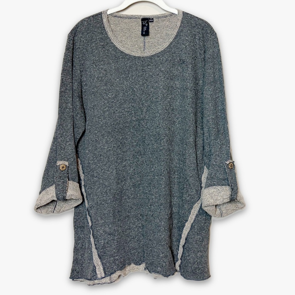 Focus Casual Life Gray Space Dye Raw Seam Button Tab Tunic Top Boho Lagenlook